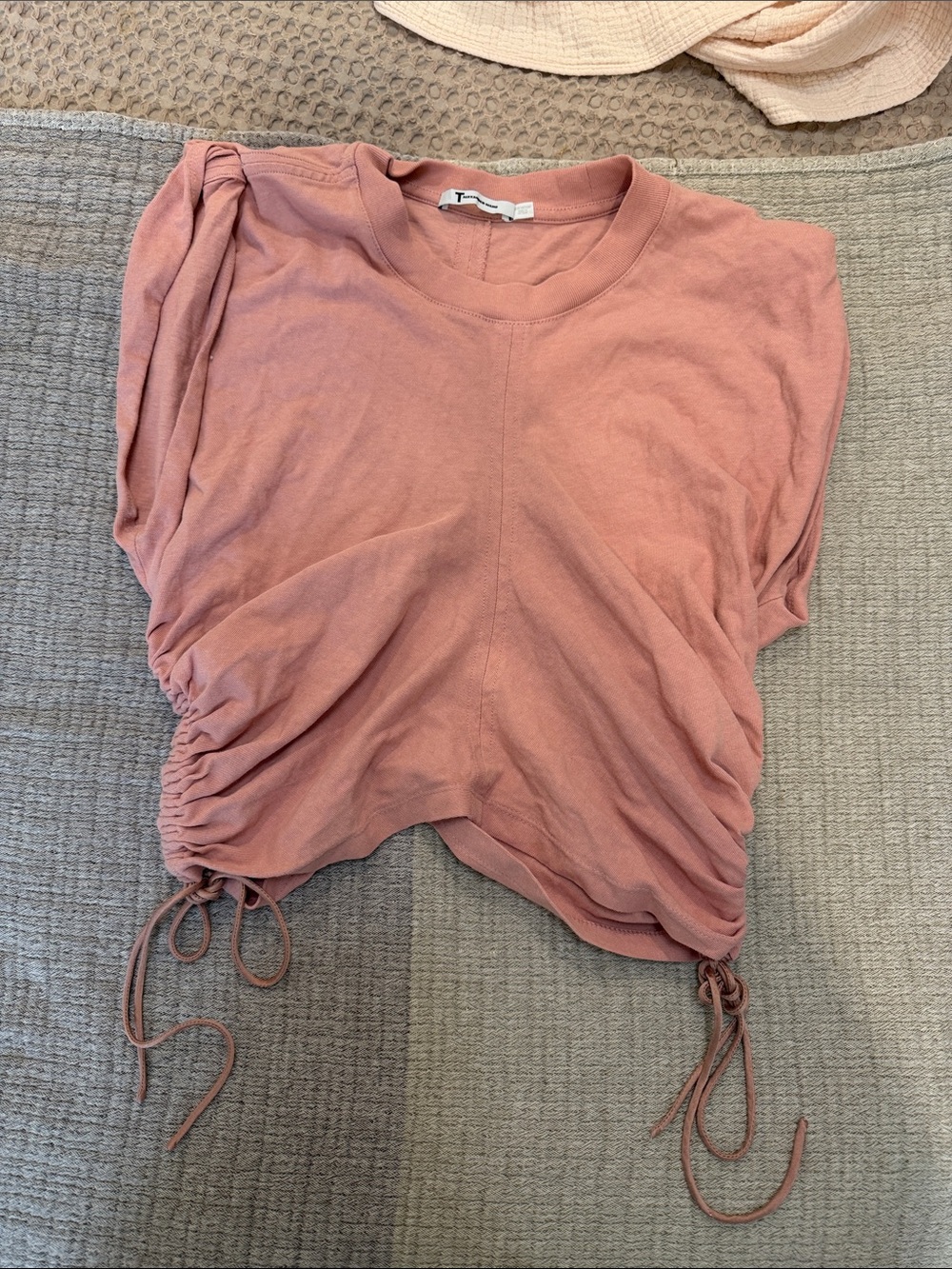 T by Alexander Wang Ruched Silk Drawstring Cropped Tee - Mauve Pink M